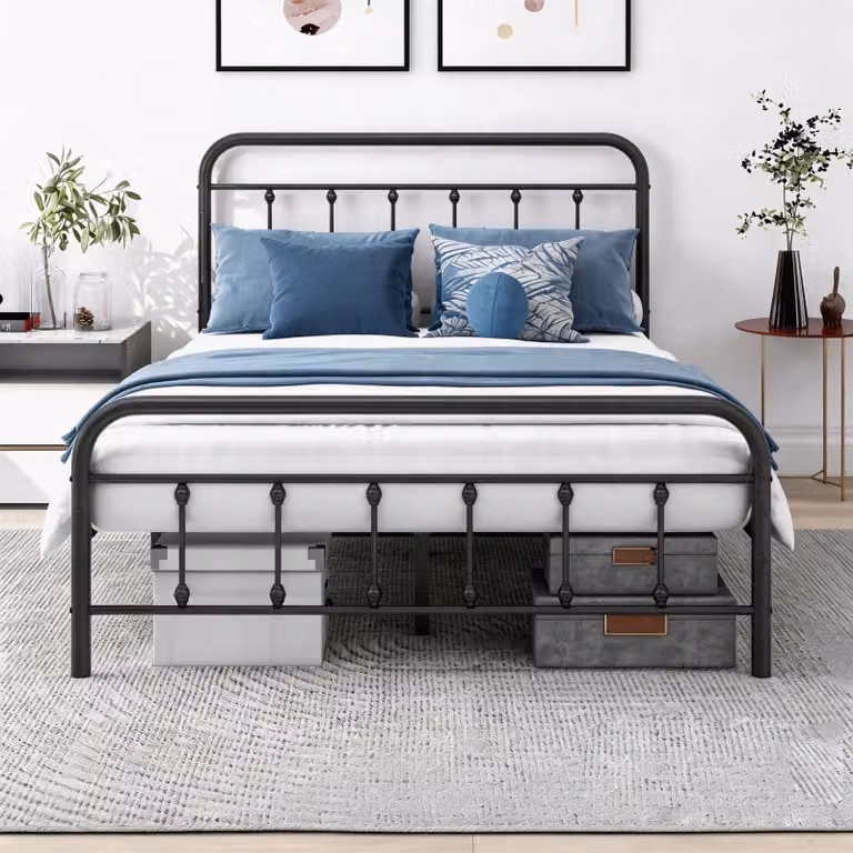 Struttura per letto matrimoniale con testiera e pediera, rete a doghe, colore nero, dimensioni 138x197 cm