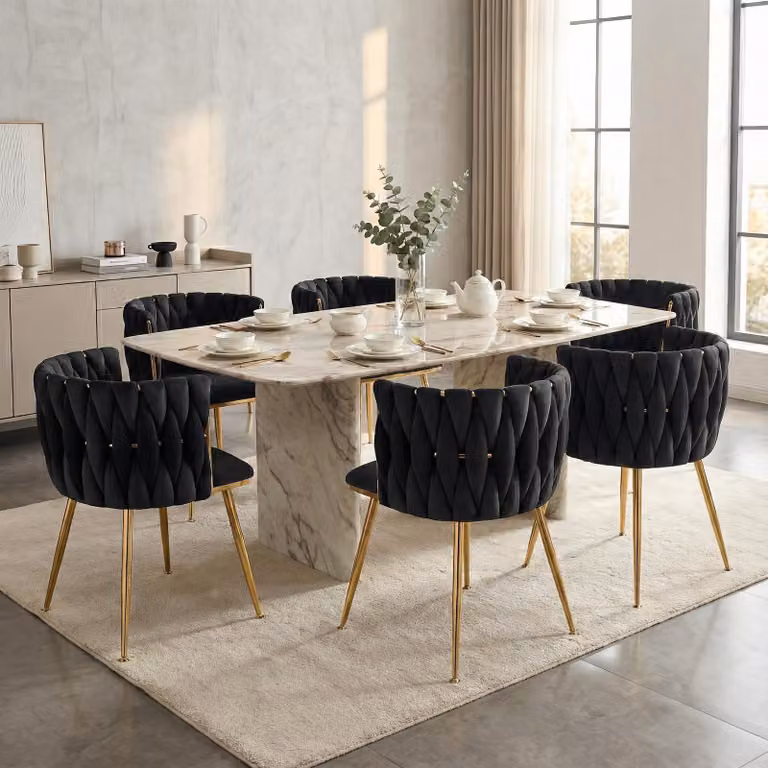 LVHOM Sedie da pranzo Sedia da salotto rivestita in velluto Set di 6 Sedia imbottita Stile intrecciato, Sedia da pranzo, Struttura in metallo dorato, Nero