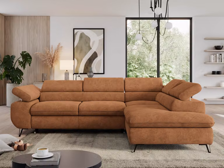 Divano, divano angolare a L, con funzione letto e poggiatesta regolabili, box letto - PEDRO L - Struttura - Arancione - Destra