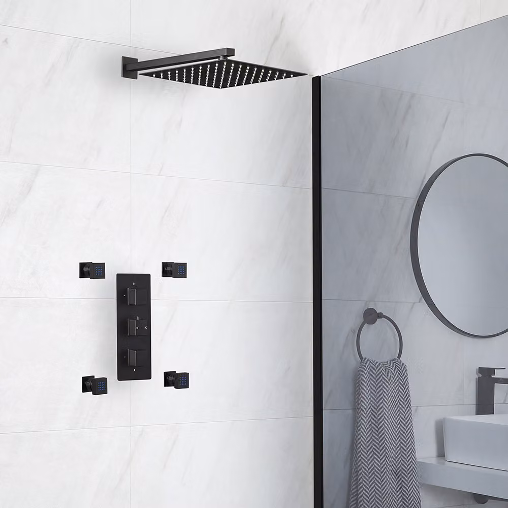 Sistema Doccia Termostatico Nero con Soffione Doccia e Idrogetti (2 Vie) - Preto