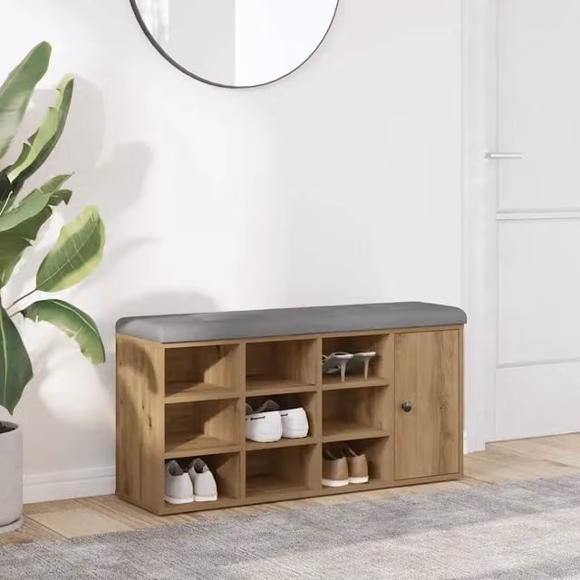Panca Scarpiera e Sgabello Design Mania in Rovere con Seduta in Tessuto, L: 102 cm, P: 32 cm, H: 50 cm