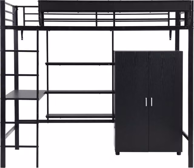 Letto a castello per bambini e ragazzi 90x200 cm con scrivania, armadio e scaffali, struttura in metallo nero