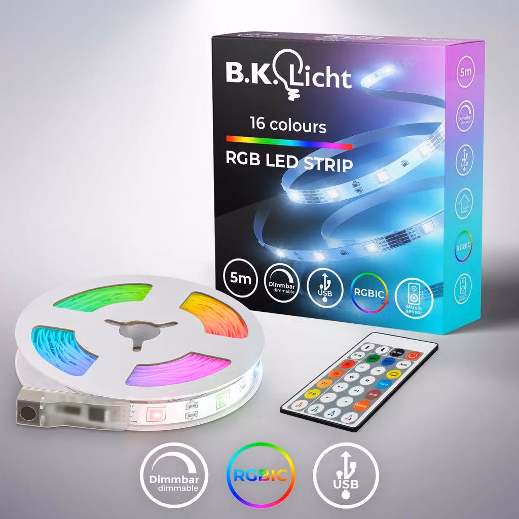 B.K.Licht I Striscia LED RGBIC USB 5 m I Sensore musicale I Sincronizzazione musicale I Striscia luminosa I LED Chaser I Striscia con telecomando cambia colore I Striscia luminosa autoadesiva