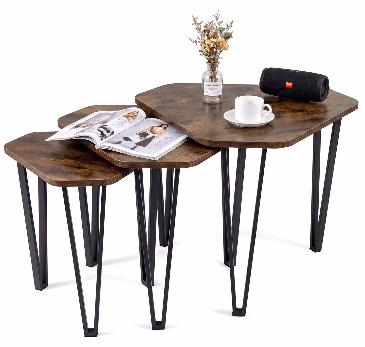 Set di 3 tavolini COSTWAY, tavolini da salotto impilabili in 3 misure, set di tavolini con gambe in acciaio, tavolini da salotto salvaspazio, marrone