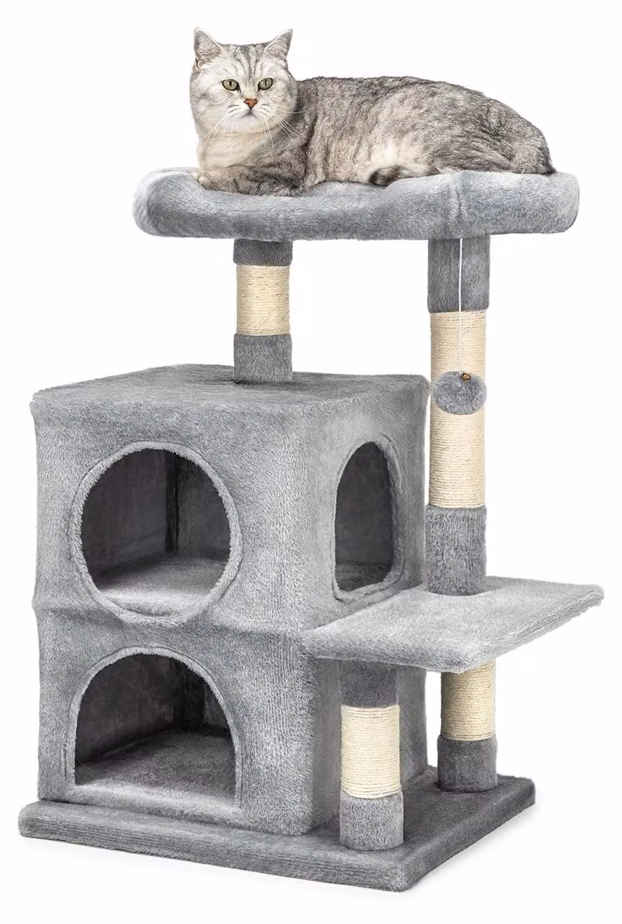 Albero per gatti, altezza 80 cm, con 2 tane, corda in sisal e rivestimento in peluche, colore grigio chiaro