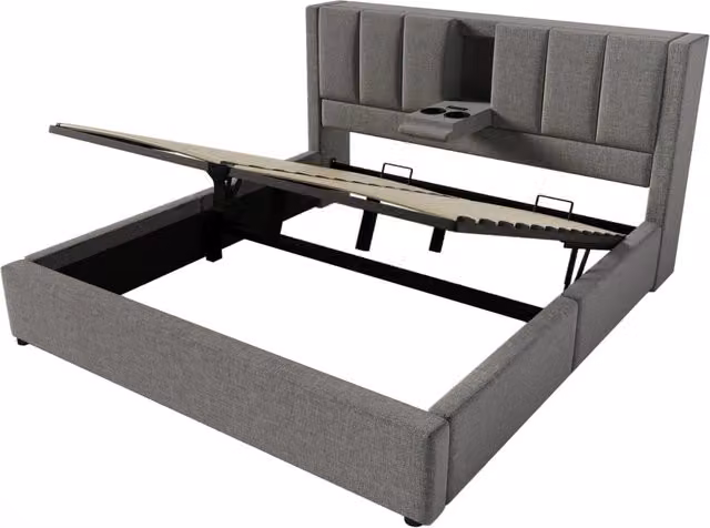 Letto matrimoniale 140x200 cm in lino grigio con contenitore idraulico, portabevande nascosto e stazione di ricarica USB, completo di materasso
