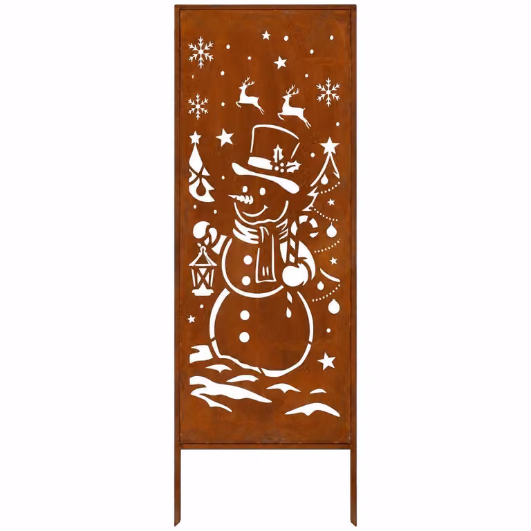 Pannello decorativo a forma di pupazzo di neve natalizio per il giardino – 160x50 cm, schermo divisorio in metallo, effetto Corten, acciaio tagliato al laser