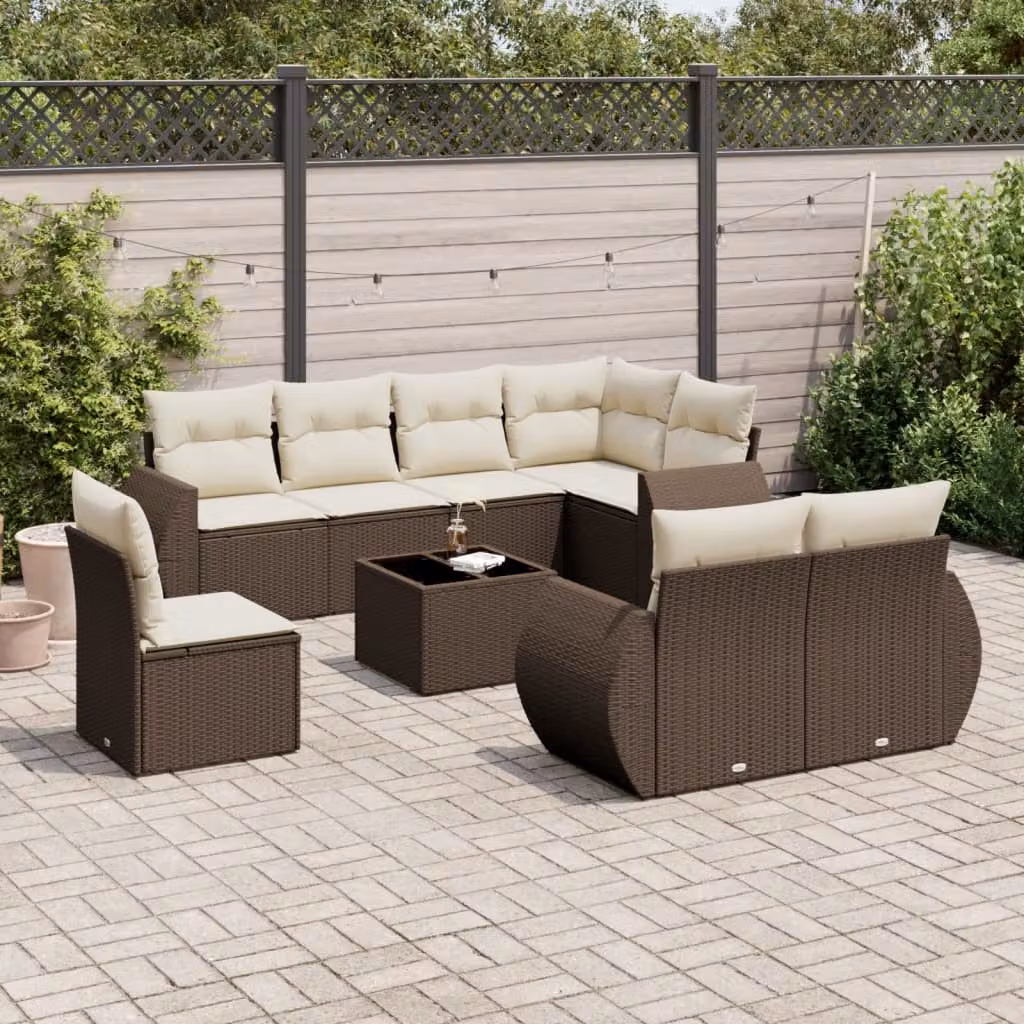 Set di divani da giardino vidaXL 9 pezzi in polyrattan marrone con cuscini e tavolino da esterno a forma di L – 1