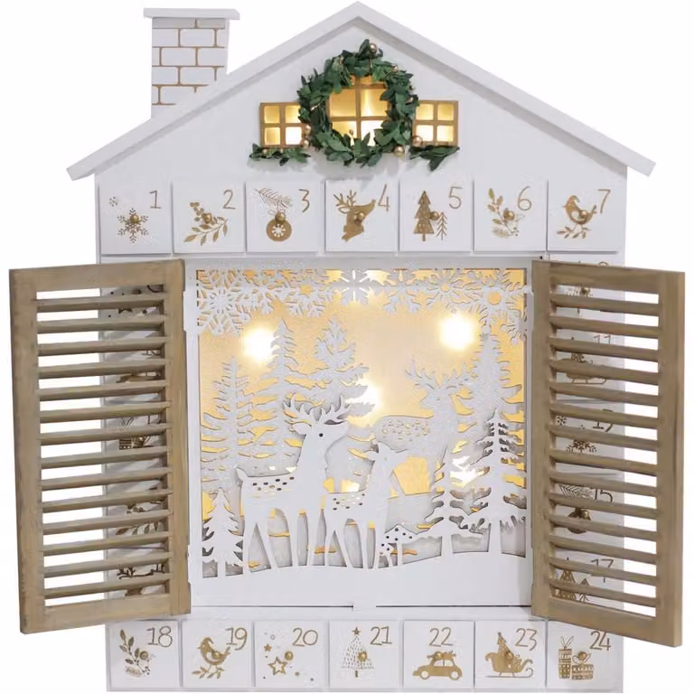 Calendario dell'Avvento in legno, con 24 cassetti, illuminazione LED, decorazione a tema renna