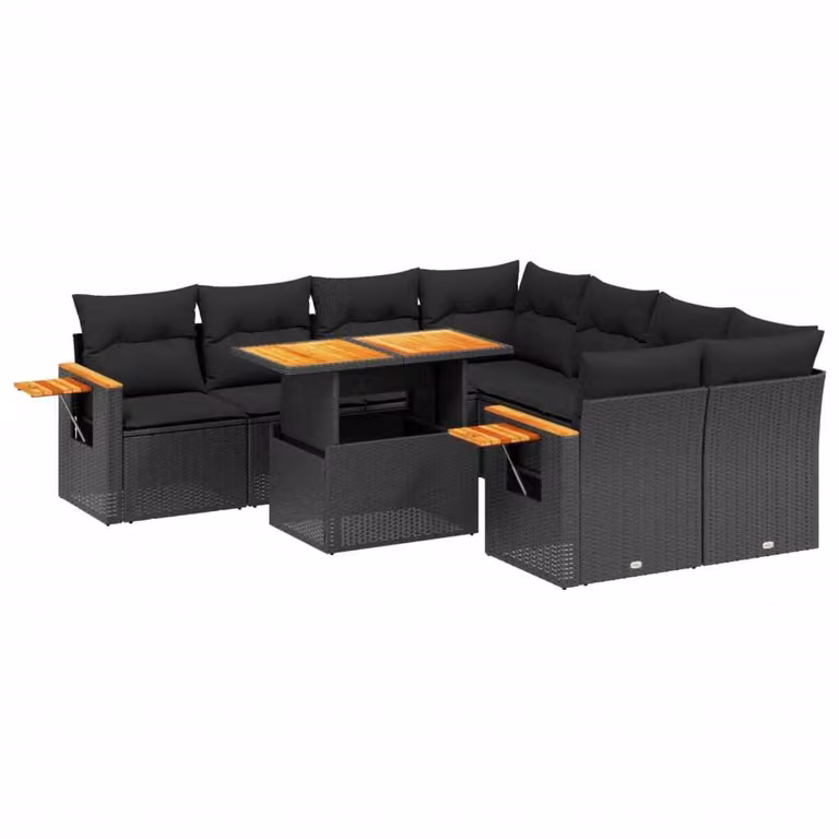 Set Divani da Giardino 9 pz con Cuscini Nero in Polyrattan
