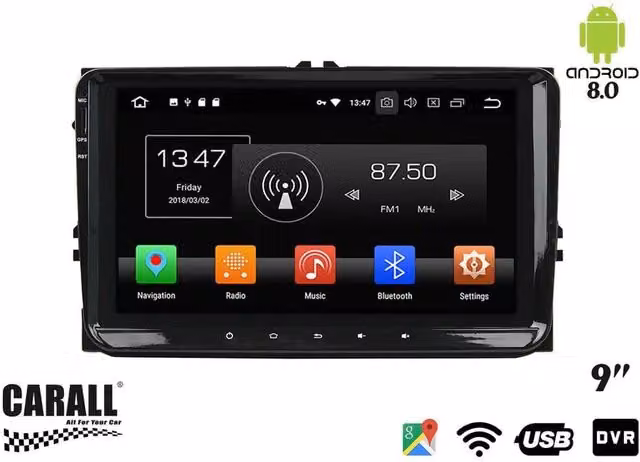 Autoradio Android Carall da 8,0 pollici per VW Passat con GPS, Bluetooth, Wi-Fi, USB e SD, colore nero