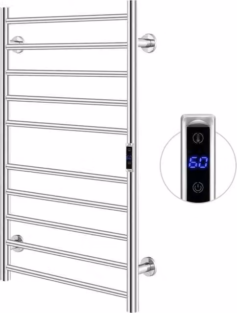Scaldasalviette Elettrico Costway da 120W con 10 Barre, Timer e Display LCD, Portasciugamani Riscaldato Impermeabile in Acciaio Inox, Argento