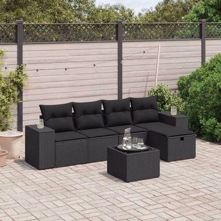 Set Divano da Giardino a L vidaXL 6 pz Nero con Cuscini Imbottiti e Tavolino in Metallo e Vetro