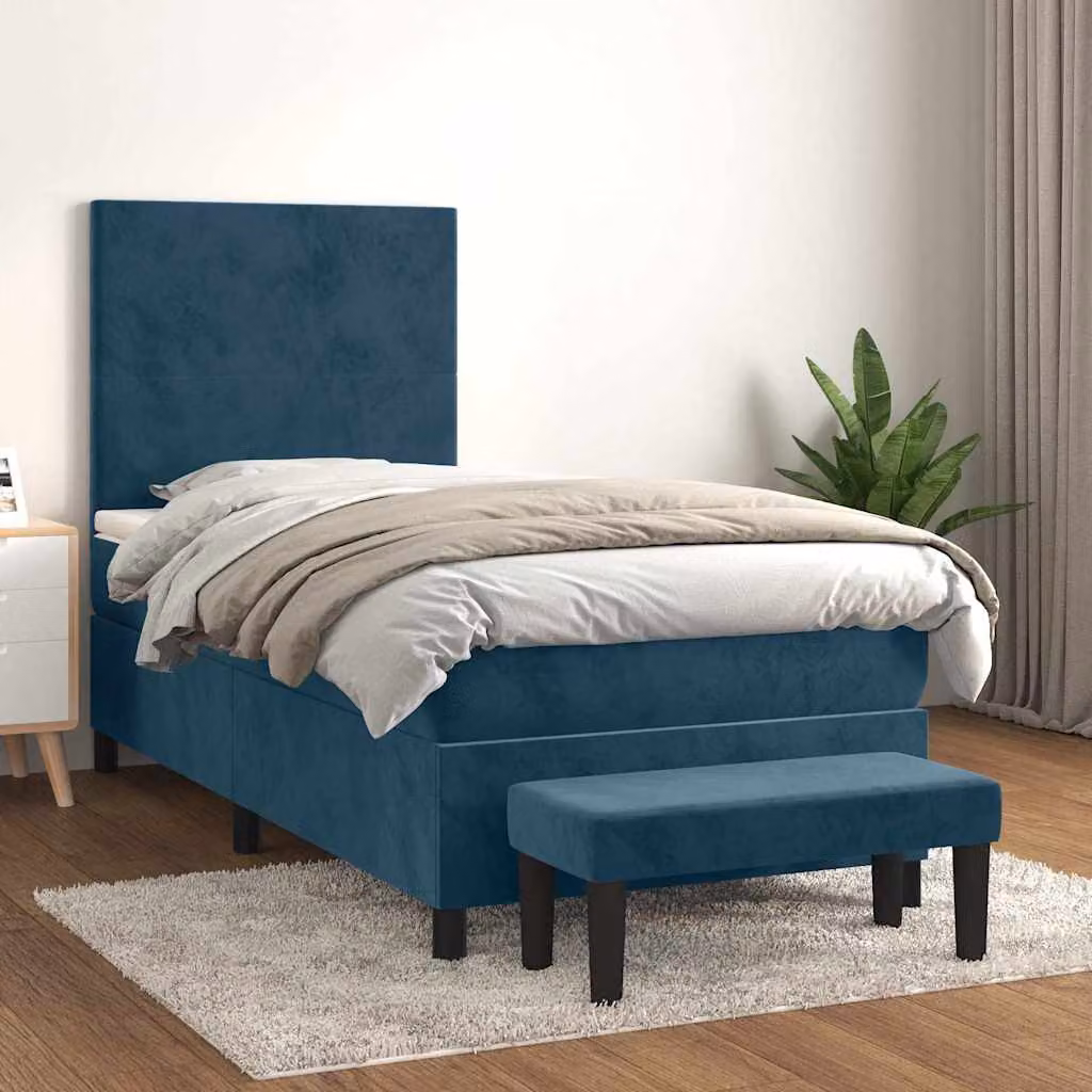 vidaXL Giroletto a Molle Ibrido con Materasso in Velluto Blu Scuro e Bianco, L/P/H: 90 x 200 x 128 cm – 1
