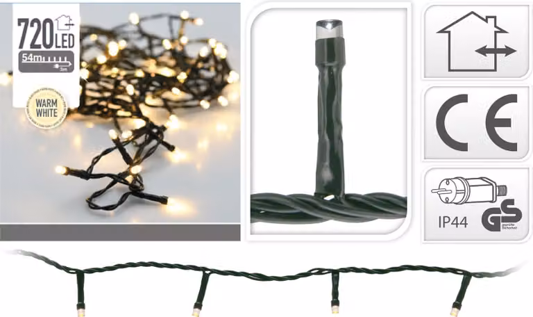 Catena luminosa a LED, 720 LED, bianco caldo, 230V, IP44, interno/esterno, verde