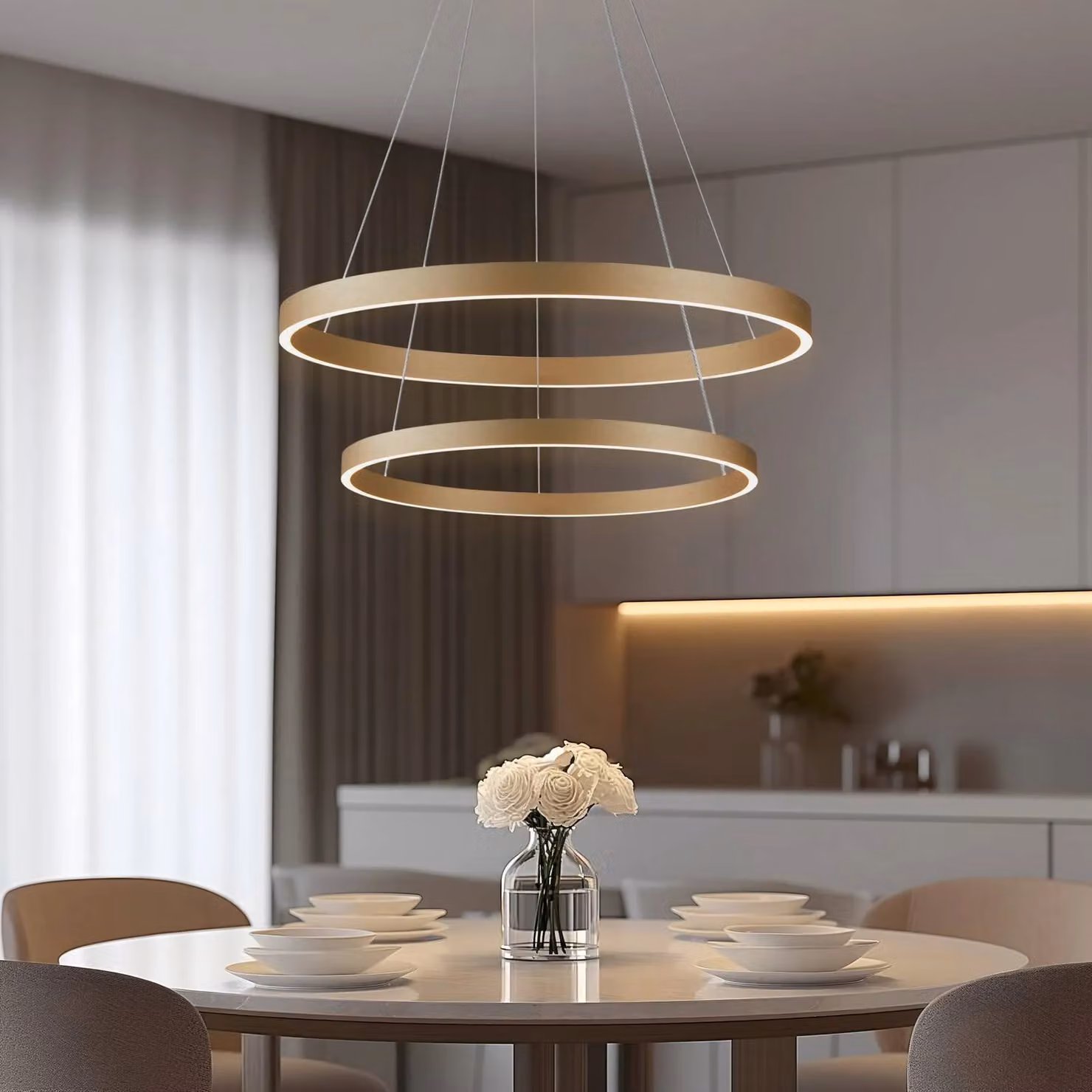 Lampada LED a sospensione Lucande Smart Yonam, dorata, 2 luci, Tuya Yonam Lucande, dimmerabile, Ottone / Oro, Soggiorno / Sala da pranzo, Alluminio, Moderno