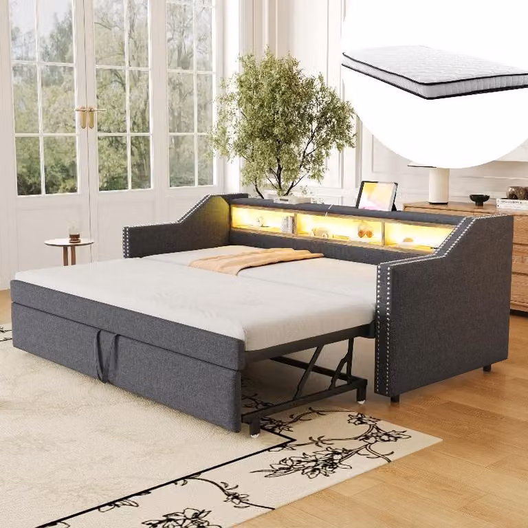 Divano letto 90x190 cm, estendibile a 180x190 cm, divano letto imbottito grigio scuro con illuminazione LED, porta USB, 3 vani portaoggetti, rete a doghe e 2 materassi a molle