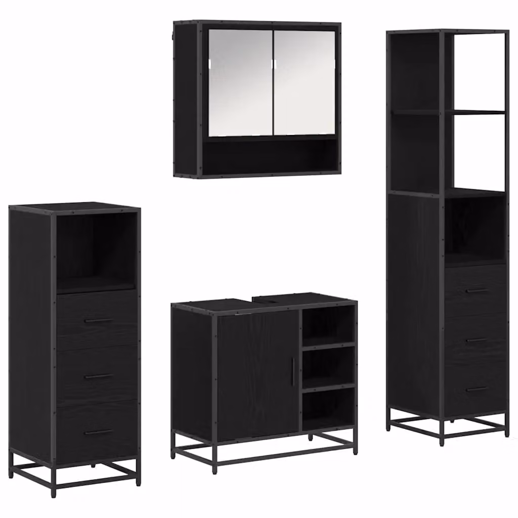 Set di mobili per il bagno moderno vidaXL in legno e metallo nero opaco, composto da armadietto con specchio, mobile lavabo, mobile laterale e colonna alta, L/P/H: 65 x 33 x 166 cm – 2