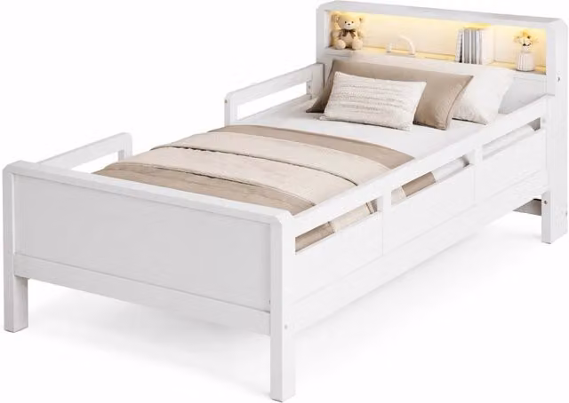 Letto singolo per bambini 90x200 in legno bianco con LED， presa USB e Type-C， senza materasso