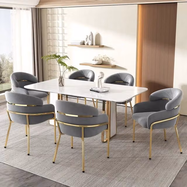 Set di 6 sedie da pranzo in velluto grigio con gambe in metallo