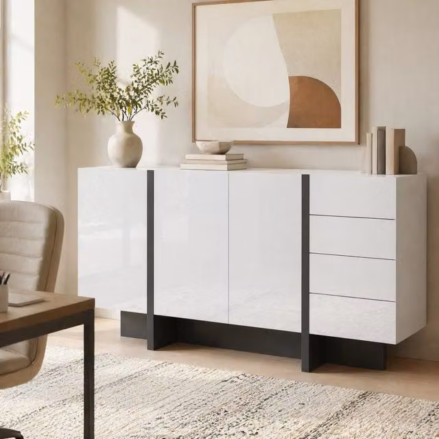 Madia Mivray moderna con 2 ante e 4 cassetti in MDF e pannello truciolare, finitura lucida bianca e nera, L 150 x P 40 x H 80.5 cm