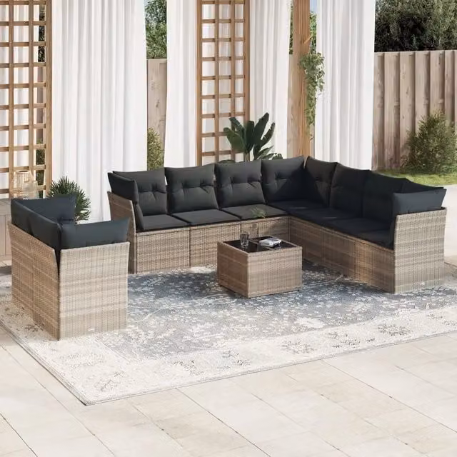 Set Divano Giardino 10 pz con Cuscini Grigio Chiaro Polyrattan 3249691
