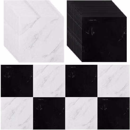 Piastrelle autoadesive per pavimenti 30x30 cm - Pavimento in PVC - Cucina - Soggiorno - Bagno - 3,6 m² - Marmo bianco e nero