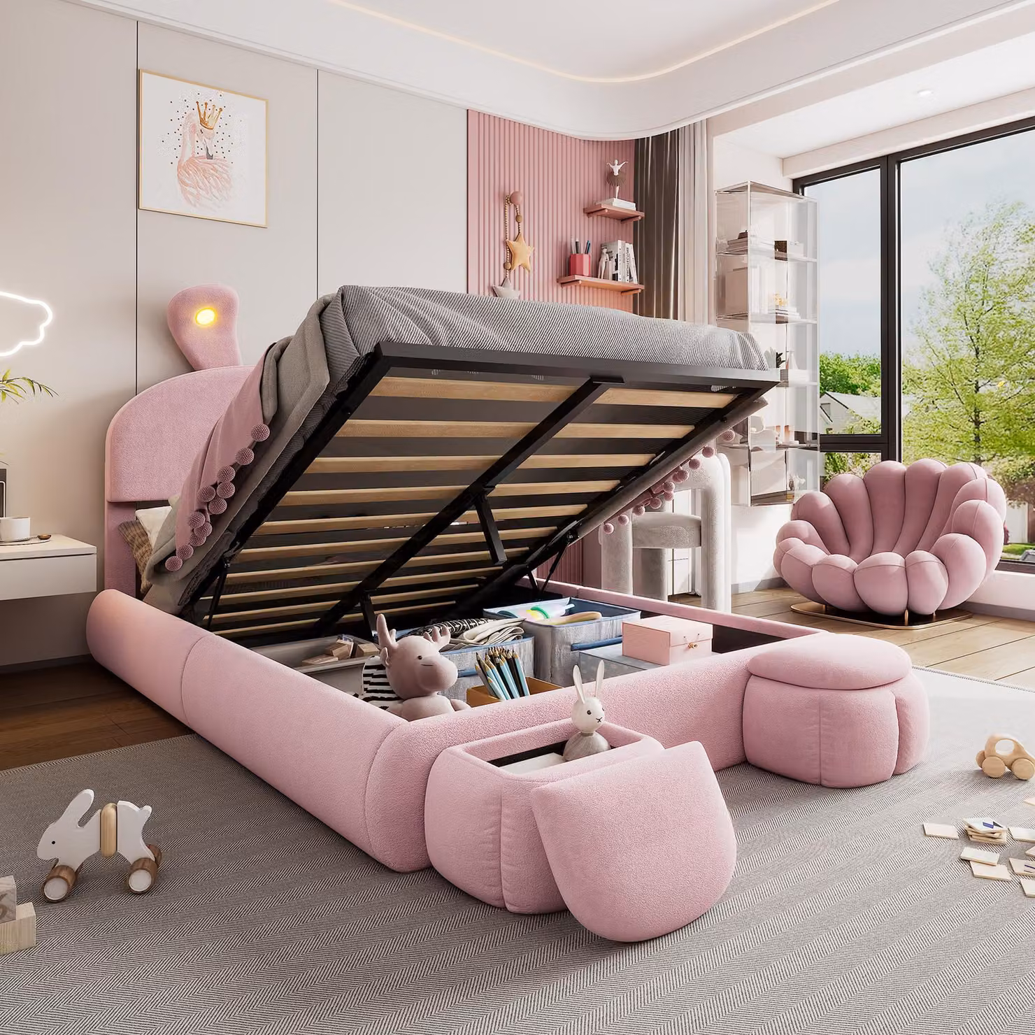 Letto imbottito 140x200 cm in velluto rosa, dotato di sistema di sollevamento idraulico per lo stoccaggio e illuminazione LED integrata con design a forma di orecchie di coniglio, ideale per camerette, camere da letto per adolescenti e stanze per gli ospi