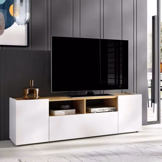 Mobile porta TV Vulcano DMORA, Credenza bassa da soggiorno in Bianco e Rovere Nodi, L: 141,7 cm, P: 34,7 cm, H: 43,8 cm