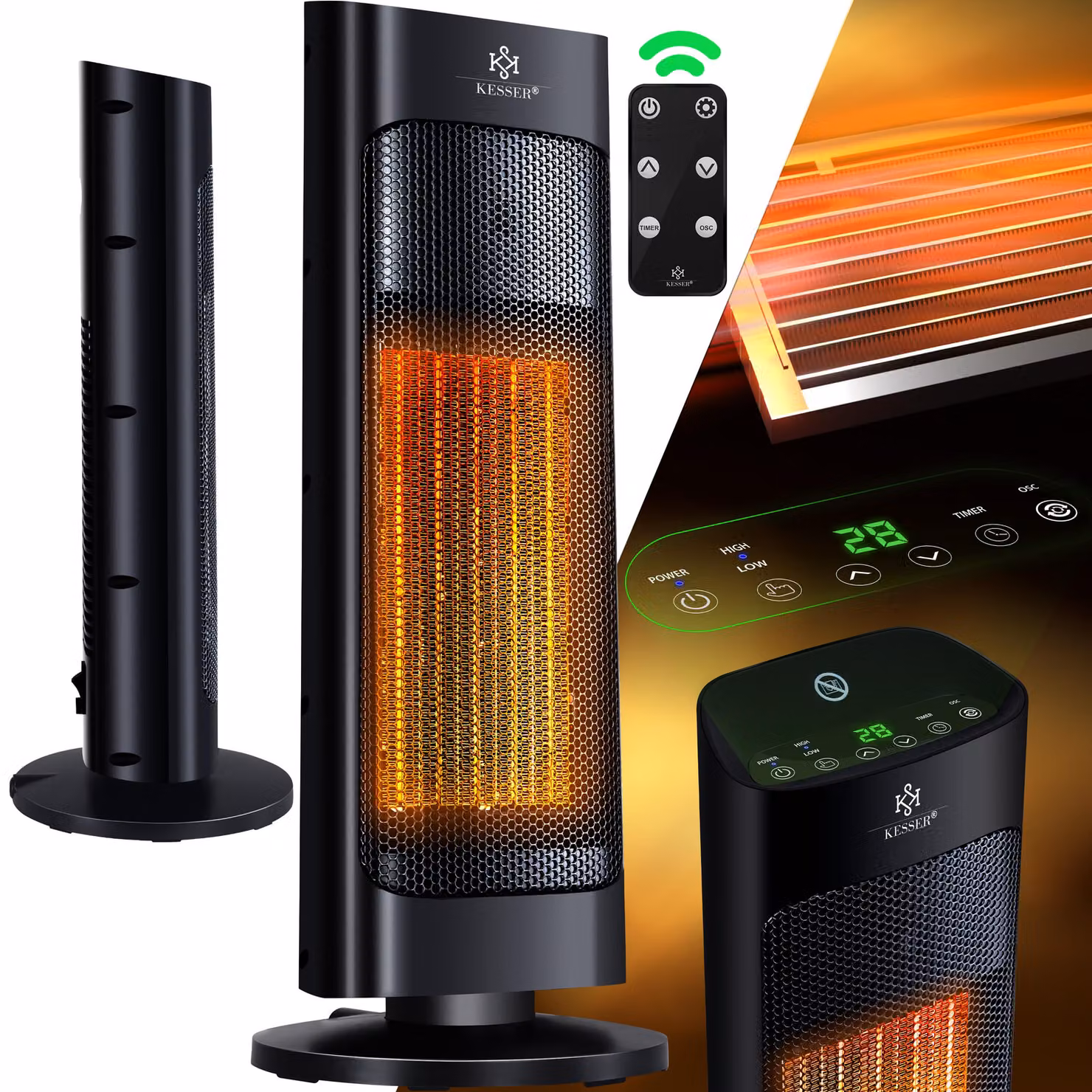 Riscaldatore KESSER® con telecomando, a basso consumo energetico, silenzioso, 2000W, riscaldatore ceramico, riscaldatore da pavimento, con termostato regolabile da 15 a 30°C. Riscaldatore rapido con funzione di oscillazione a 80°, timer da 24 ore. Riscald