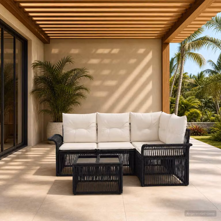 Set Divano da Giardino vidaXL 5 Pezzi a Forma di L con Tavolino, Polyrattan e Colore Nero