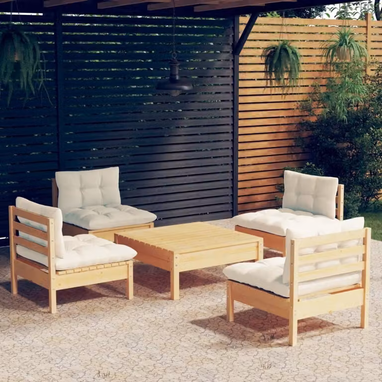 The Living Store Set salotto da giardino 5 pezzi con cuscini crema legno di pino