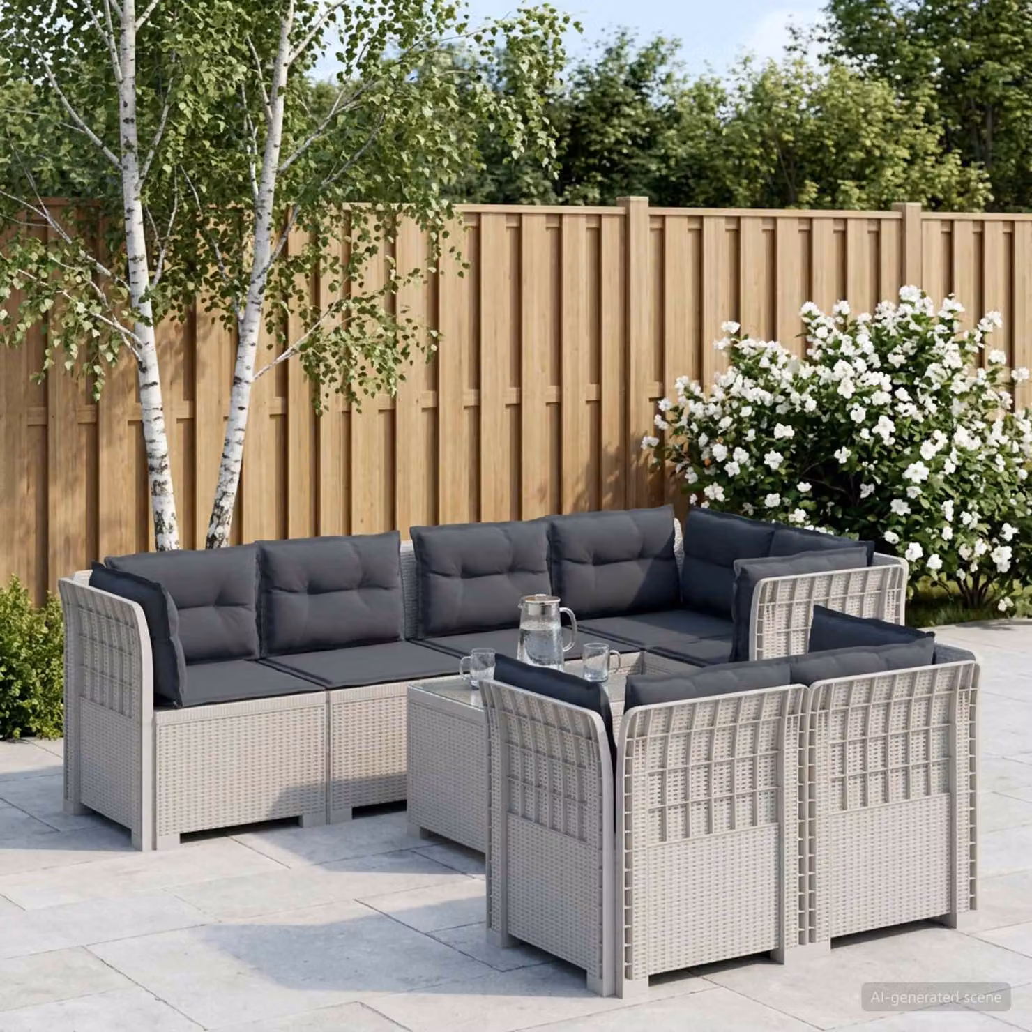 Divano da giardino vidaXL a 7 posti con cuscini imbottiti in stile rattan moderno, colore bianco e grigio, forma a U per esterno, balcone o terrazza