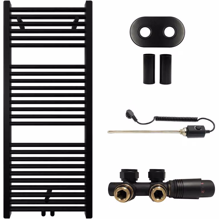 Kit radiatore per bagno Lincoln - sistema di riscaldamento combinato, barra termica - attacco centrale da 50 mm - 300W - nero opaco - 1200x500 mm