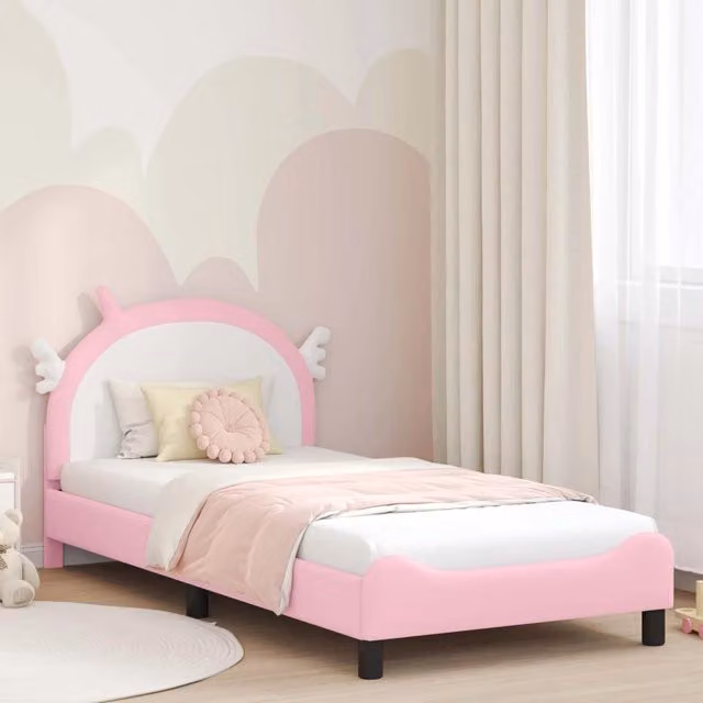 Struttura letto per bambini con testata e giroletto in ecopelle rosa, L 90 cm x P 200 cm x H 84 cm