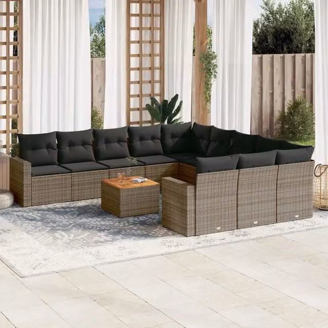 Set di Divani da Giardino vidaXL in Polyrattan Grigio con Cuscini e Tavolino da Esterno 12 Pezzi – 1