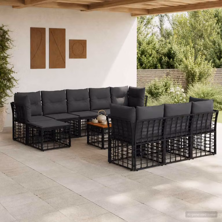 vidaXL Set di divani da esterno 11 pz con struttura in acciaio e cuscini in poliestere nero e grigio scuro