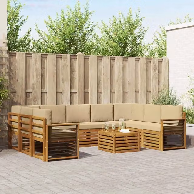 Set di divani da esterno a forma di U vidaXL in legno di acacia con tavolino da caffè e cuscini, Beige e Marrone
