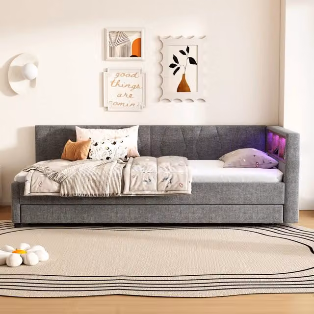 Letto singolo estraibile in lino grigio con porte USB, luci LED e vani portaoggetti, L/P: 90 x 200 cm