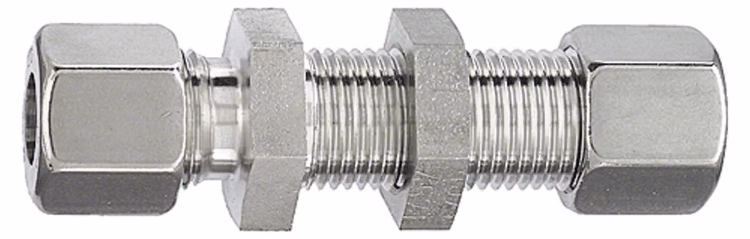 Raccordo a paratia diritto Riegler, Ø esterno tubo 12 mm, acciaio inox 1.4571