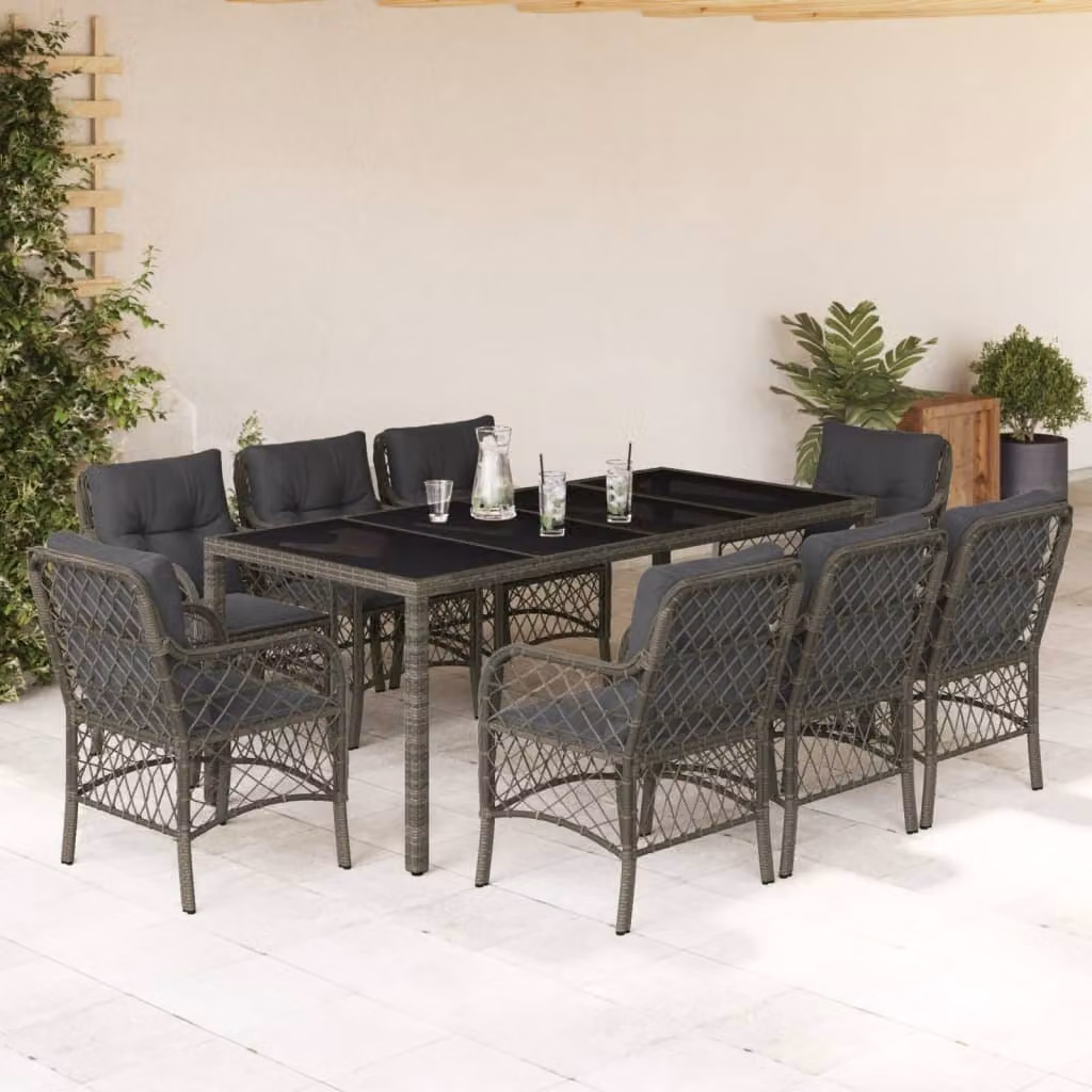 vidaXL Set da Pranzo da Giardino 9 pz in Polyrattan Grigio con Piano in Vetro – 1
