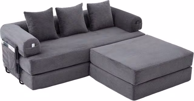 Divano modulare in velluto a coste con pouf e tasca laterale; grigio scuro