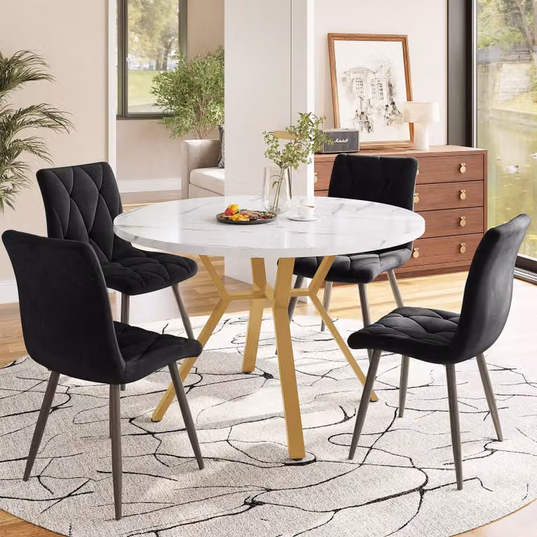 Set tavolo da pranzo Sweiko, set tavolo da pranzo e sedie (5 pezzi), tavolo da pranzo rotondo moderno e semplice in marmo, gambe del tavolo in metallo color oro + 4 sedie ergonomiche in velluto, sedie da pranzo nere