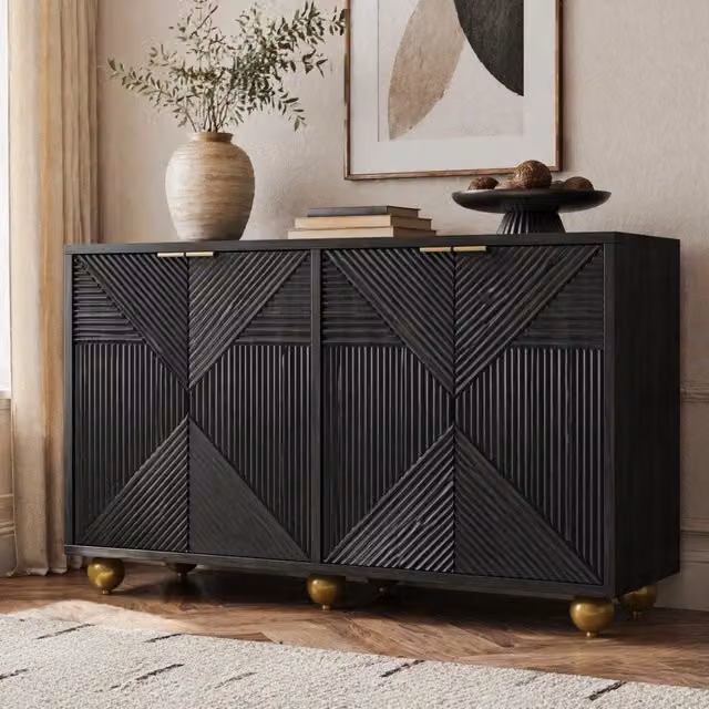 Credenza e madia con 4 ante incise, ripiani regolabili e piedini regolabili, per soggiorno e ingresso, in MDF nero