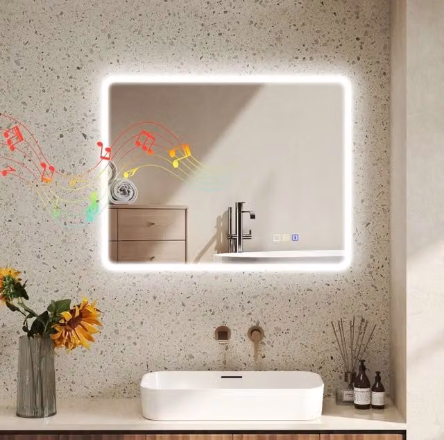 Specchio LED da bagno 90x70x3,5 cm in vetro temperato argento, antiappannamento –
