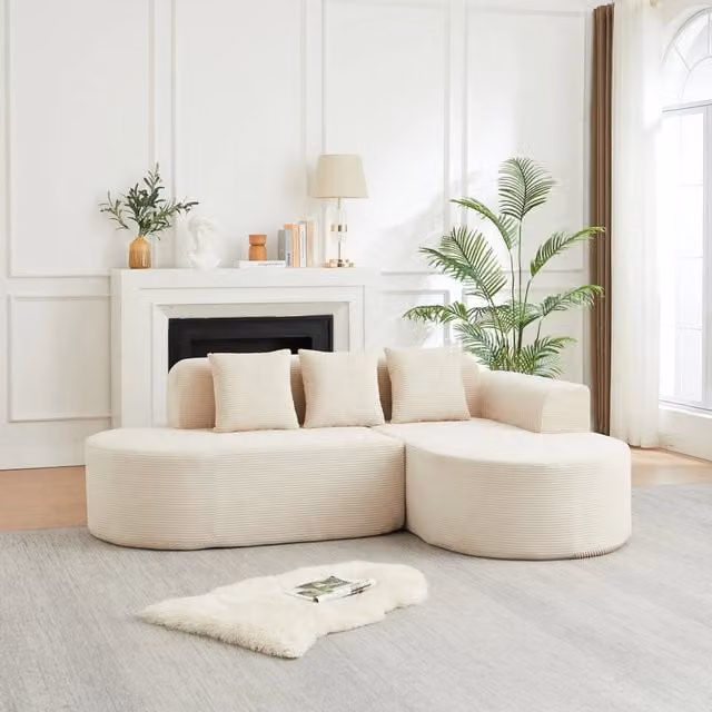 Divano a L 220x155x70 cm con chaise longue curva in velluto a coste beige