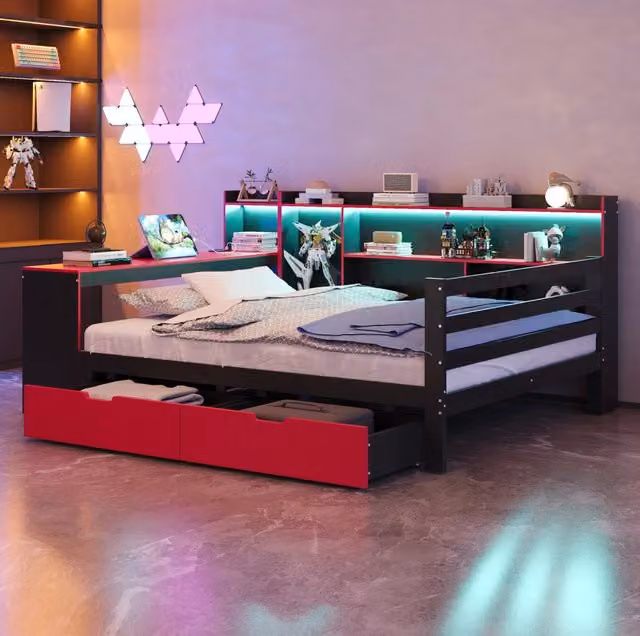 Letto matrimoniale 140x200 cm nero rosso in legno con scrivania e LED
