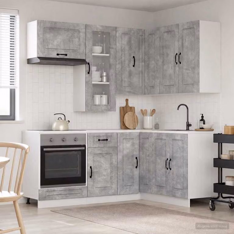 vidaXL Unità Cucina KALMAR 8 Pezzi Moderna Grigio Cemento in Legno MDF con Ante in Vetro