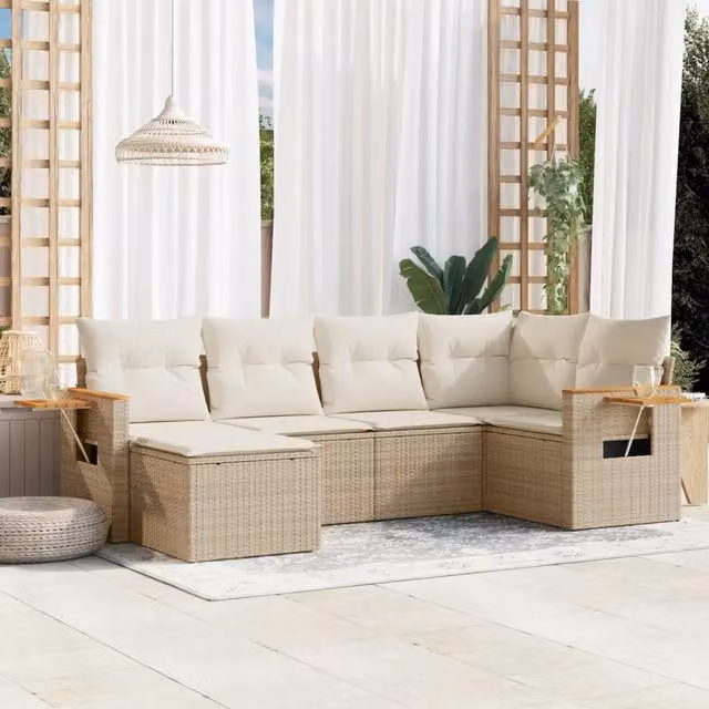 Set Divano da Giardino a L vidaXL in Polyrattan con Cuscini Beige e Struttura in Legno di Acacia, 6 Pezzi