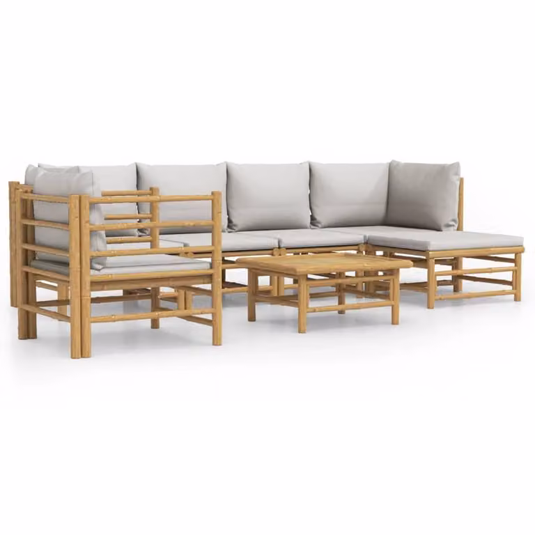 Set Salotto da Giardino 7pz con Cuscini Grigio Chiaro Bambù